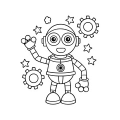 Obraz premium Friendly Robot Waving with Stars and Gears Floating Around Coloring Page