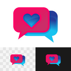 Love chat logo. Romantic talks colorful gradient symbol with heart cutout silhouette and blue and pink bubble speech balloons. Dating service creative icon