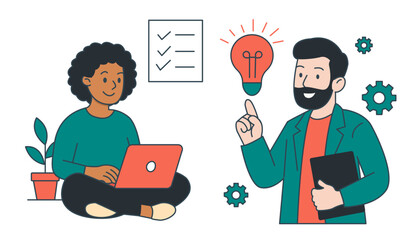 Set of flat vectors with two creative professionals working together on the white background. Digital art