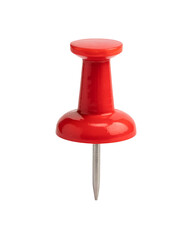 A single bright red pushpin with a sharp metal point on a white background