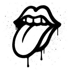 Black and white graffiti lips with tongue and paint drips isolated
