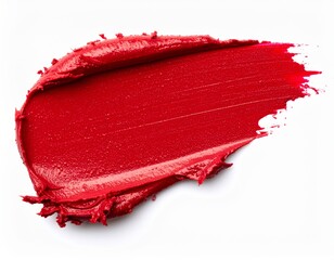 A rich creamy lipstick smear on pristine white background, macro shot with soft shadows, highlighting glossy texture and color depth, beauty product flat lay for high-end advertisement