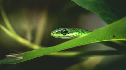 Fototapeta premium A green snake is sitting on a green leaf
