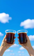 Two female hands making a toast with iced black coffee in takeaway cups against a bright summer sky. This refreshing image symbolizes friendship, celebration, and enjoying a sunny day outdoors.