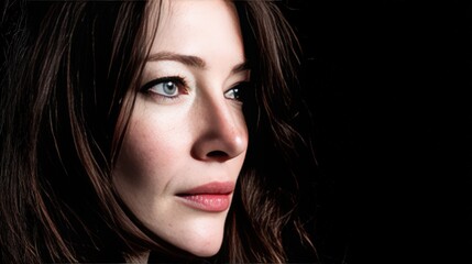 Close-Up Portrait of a Woman with Beautiful Features Against a Dark Background