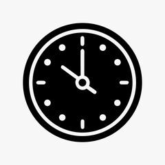 Simple black and white wall clock icon showing time, minimalist round clock symbol, flat design vector illustration 
