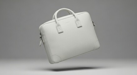 Elegant White Leather Briefcase Floating Against a Neutral Gray Background