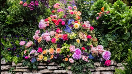 Naklejka premium A stone wall covered in lots of colorful flowers