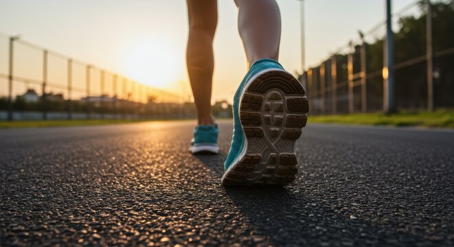 Athletic person running on road during sunrise or sunset wearing running shoes for workout training exercise and healthy active lifestyle