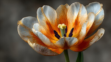 White Orange Tulip In Gold Frame On Gray Background