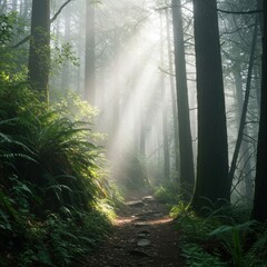 Fototapeta premium Sunbeams Through Foggy Forest Path