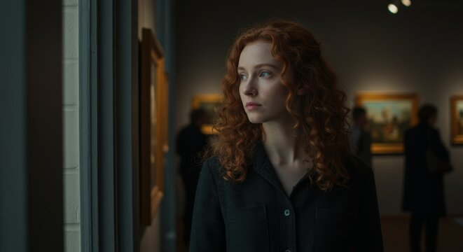 Beautiful red haired woman contemplates artwork in an elegant gallery with diffused natural light