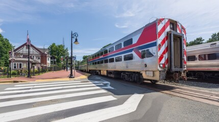 Obraz premium A passenger train traveling down train tracks next to a street