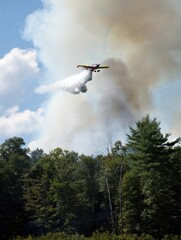 Fototapeta premium A plane flying over a forest filled with smoke