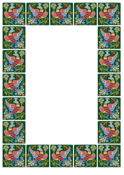 Fairytale folk frame for card design. Ethnic animal tile. Blue alkonost sirin bird ornament on green background.