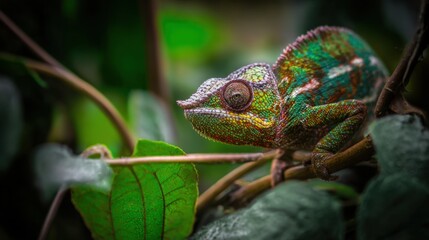 Obraz premium A chameleon sitting on top of a green leaf