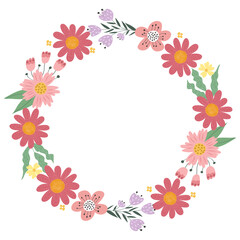 A lovely frame of flowers in a round shape. A simple botanical wreath for a greeting card and spring celebration.
