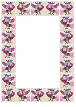 Fairytale folk frame for card design. Ethnic animal tile. Pink alkonost sirin bird ornament on light background.