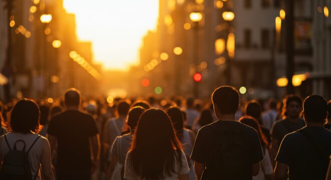 Captivating golden hour cityscape showcasing a crowd of people walking down a vibrant city street bathed in warm sunlight