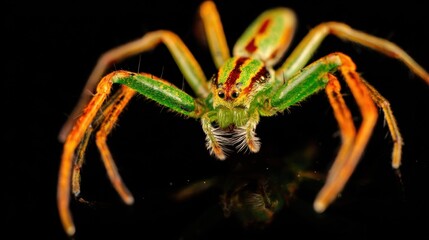 A green and red spider on a black background