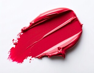 A rich creamy lipstick smear on pristine white background, macro shot with soft shadows, highlighting glossy texture and color depth, beauty product flat lay for high-end advertisement