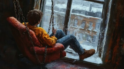 Boy in a swing, snowy city view