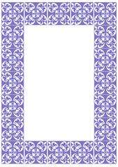 Fairytale folk frame for card design. Ethnic tiles. White ornament on blue purple background.