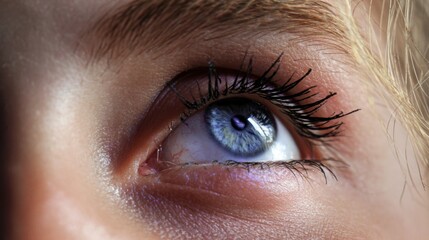Obraz premium A close up of a woman's blue eye with long eyelashes