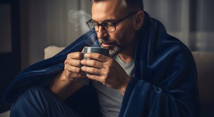 MiddleAged Man Wrapped in Blanket Enjoying Hot Drink on Couch.