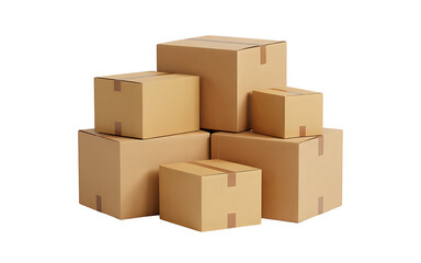 Stack of various sized cardboard moving boxes isolated on a white background
