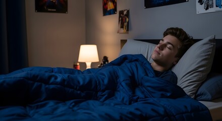Peaceful Slumber Teenage Boy Asleep in Cozy Bedroom with Warm Lamp Light.