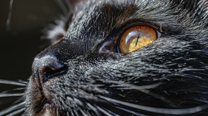 A close up of a black cat's face with yellow eyes
