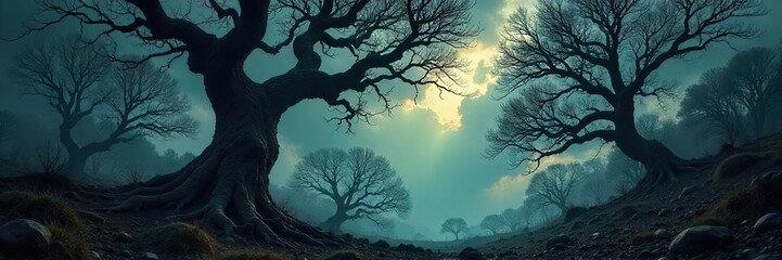 Ancient Twisted Trees Claw at a Stormy Sky in a Rage-Filled Forest. Dark, Brooding Atmosphere, Ominous Shadows Shroud the Ancient Woodland.