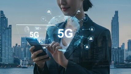 5G Connectivity: An East Asian businesswoman in her 30s uses her smartphone with a global network, standing against the urban city backdrop. - Powered by Adobe