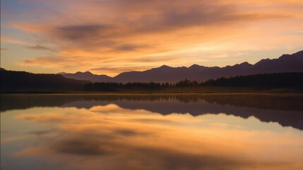 A sunset over a lake with mountains in the background