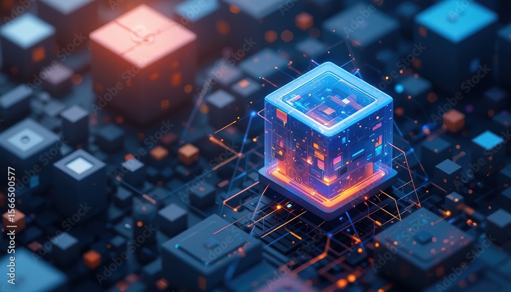 Poster the graphic design element and abstract geometric background with isometric digital blocks. blockcha