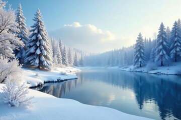 Tranquil Winter Wonderland Snow-Covered Forest and Frozen Lake Reflecting a Serene Sky