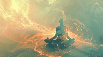 Glowing meditative figure surrounded by cosmic energy and light