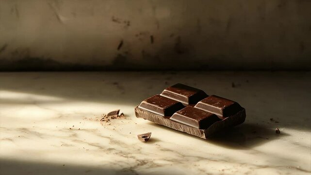 Dark chocolate bar on marble, partially broken, with crumbs scattered nearby, illuminated by sunlight