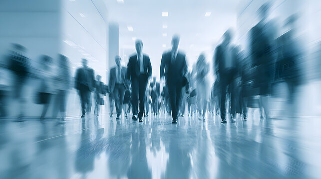 Generative AI. motion blur image of business people crowd walking at corporate office in city downtown, blurred background, business center concept, white color tone. High quality