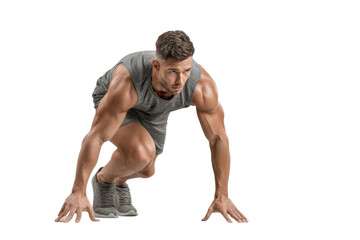 PNG Caucasian male athlete in gray gear ready for sprint