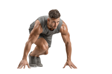 PNG Caucasian male athlete in gray gear ready for sprint