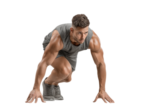 PNG Caucasian male athlete in gray gear ready for sprint