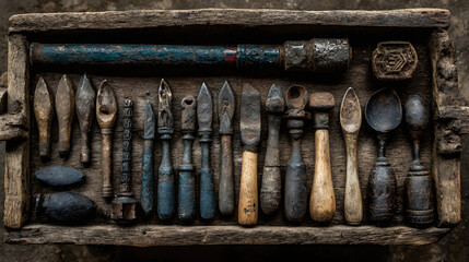 High quality overhead view of aged metal tools arranged on a rustic wooden table.