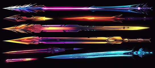 Colorful, futuristic energy weapons with trails of light, long and thin blades on a black background,