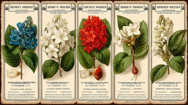 A set of four bookmarks with different types of flowers