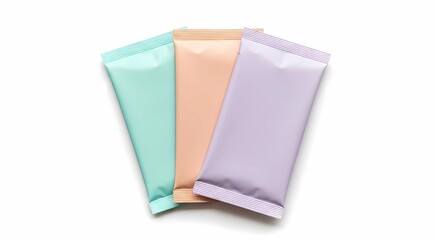 Minimalist Pastel Sachet Packaging Mockup, Flat Lay of Three Foil Packets on White Background for Branding and Product Design.
