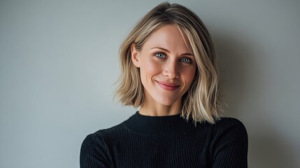 Obraz premium Confident Young Woman Smiling Against a Neutral Background in Natural Light