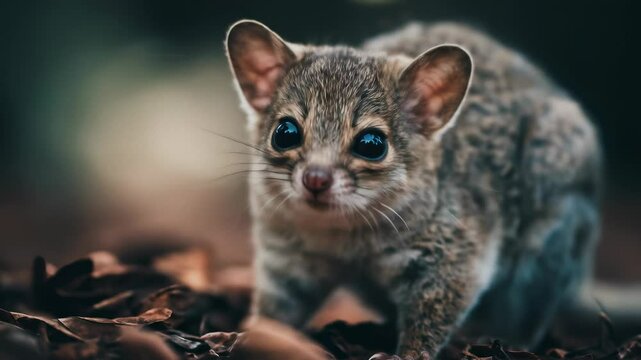 Adorable tiny genet kitten with big eyes on the brown ground looking at camera. Cute small animal in nature. Forest background video footage.