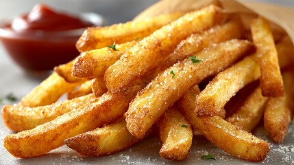 Close up of delicious golden fries seasoned with salt and herbs